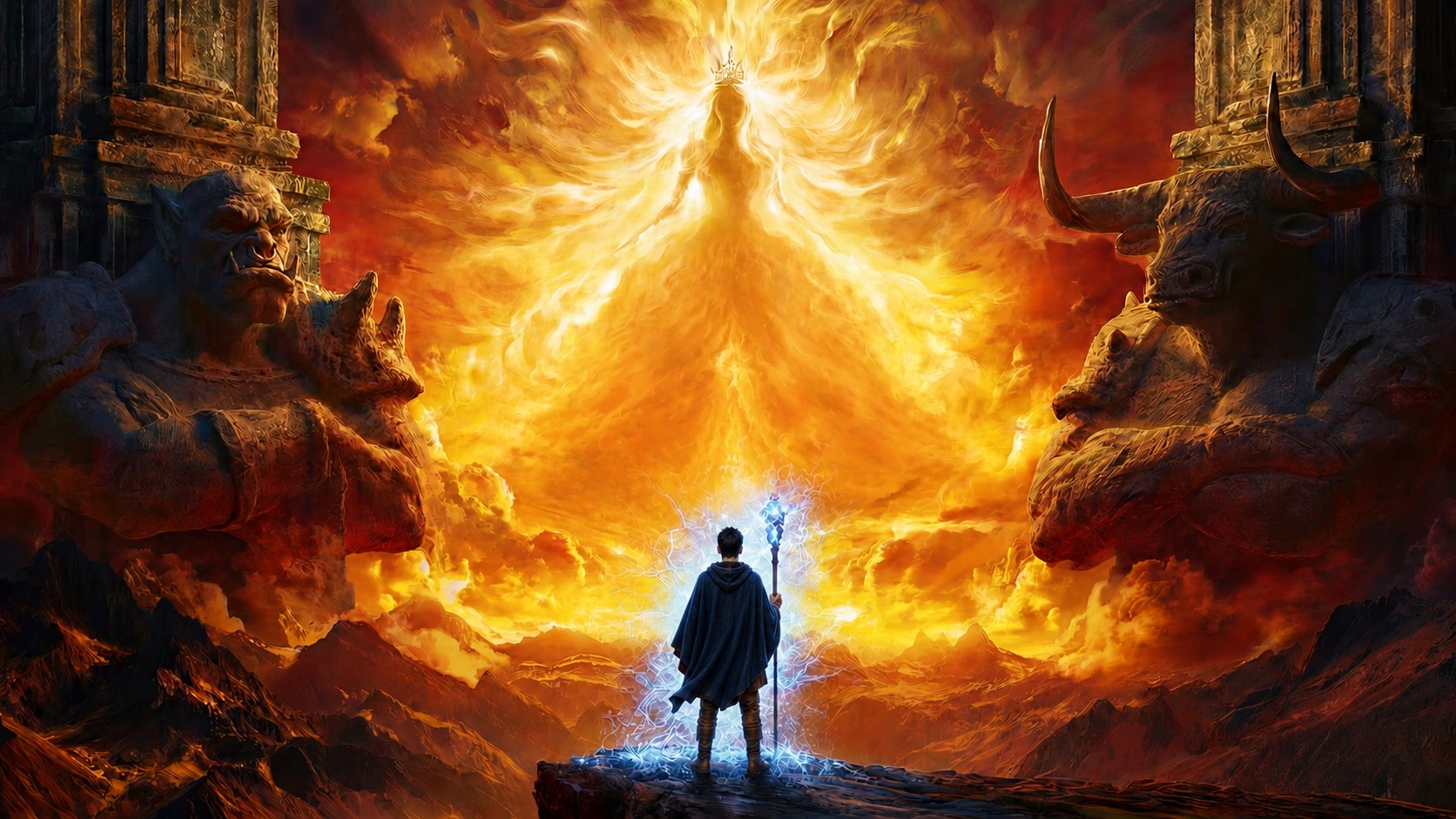 A mage faces a glowing princess silhouette in a fiery fantasy landscape