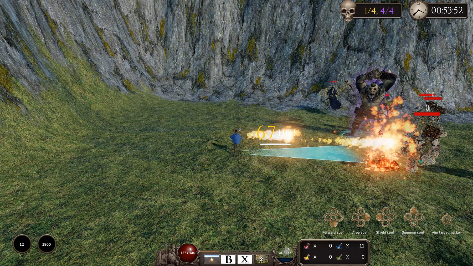 The mage casts lightning and area magic against enemies in an ice arena
