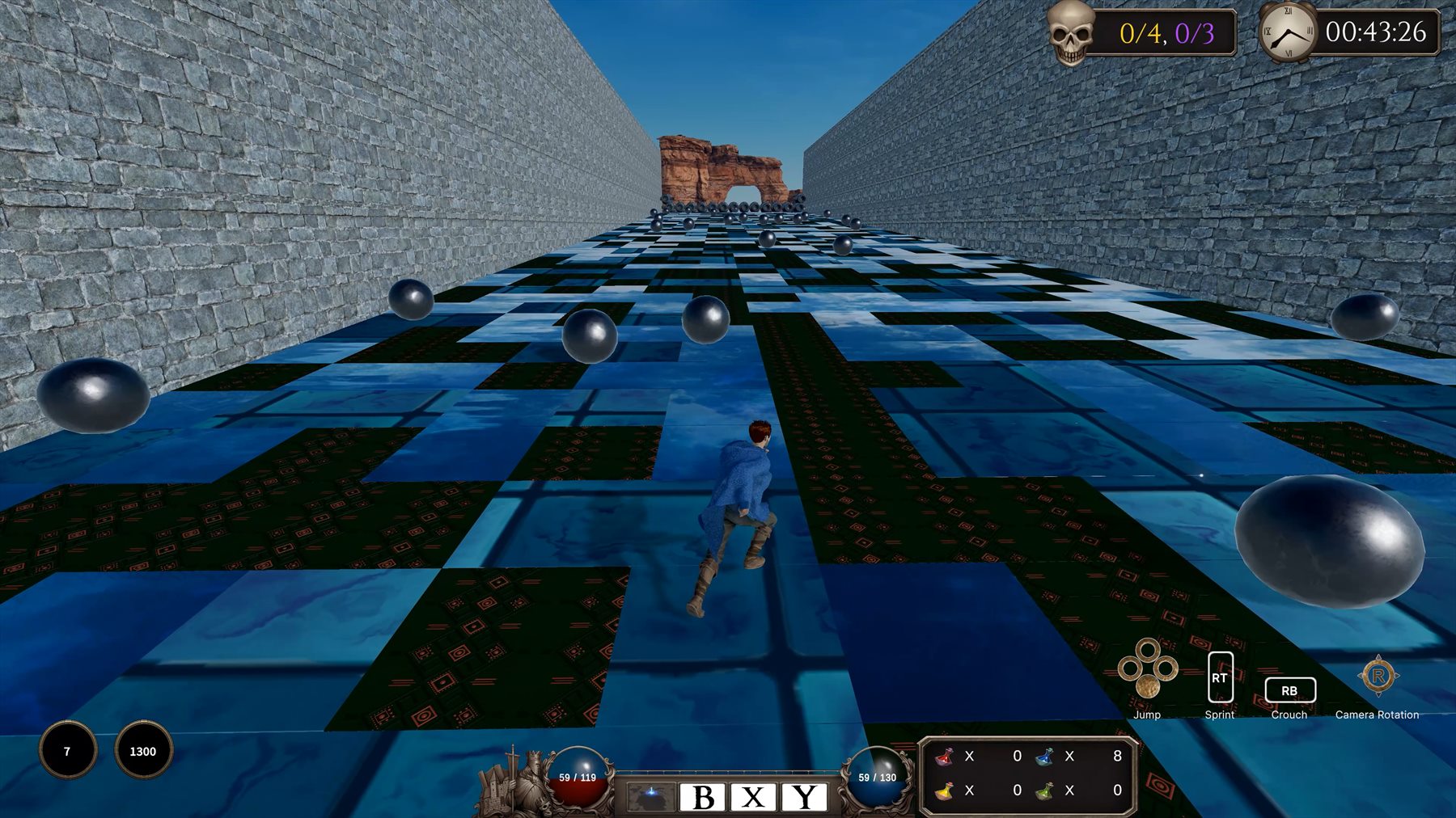 The player avoids rolling cannonballs across a corridor