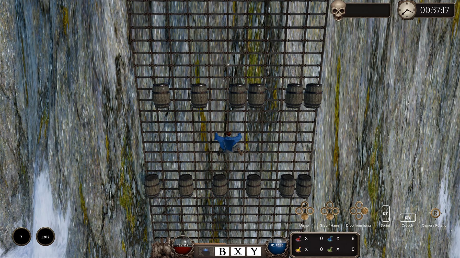 The player climbs while barrels fall from above