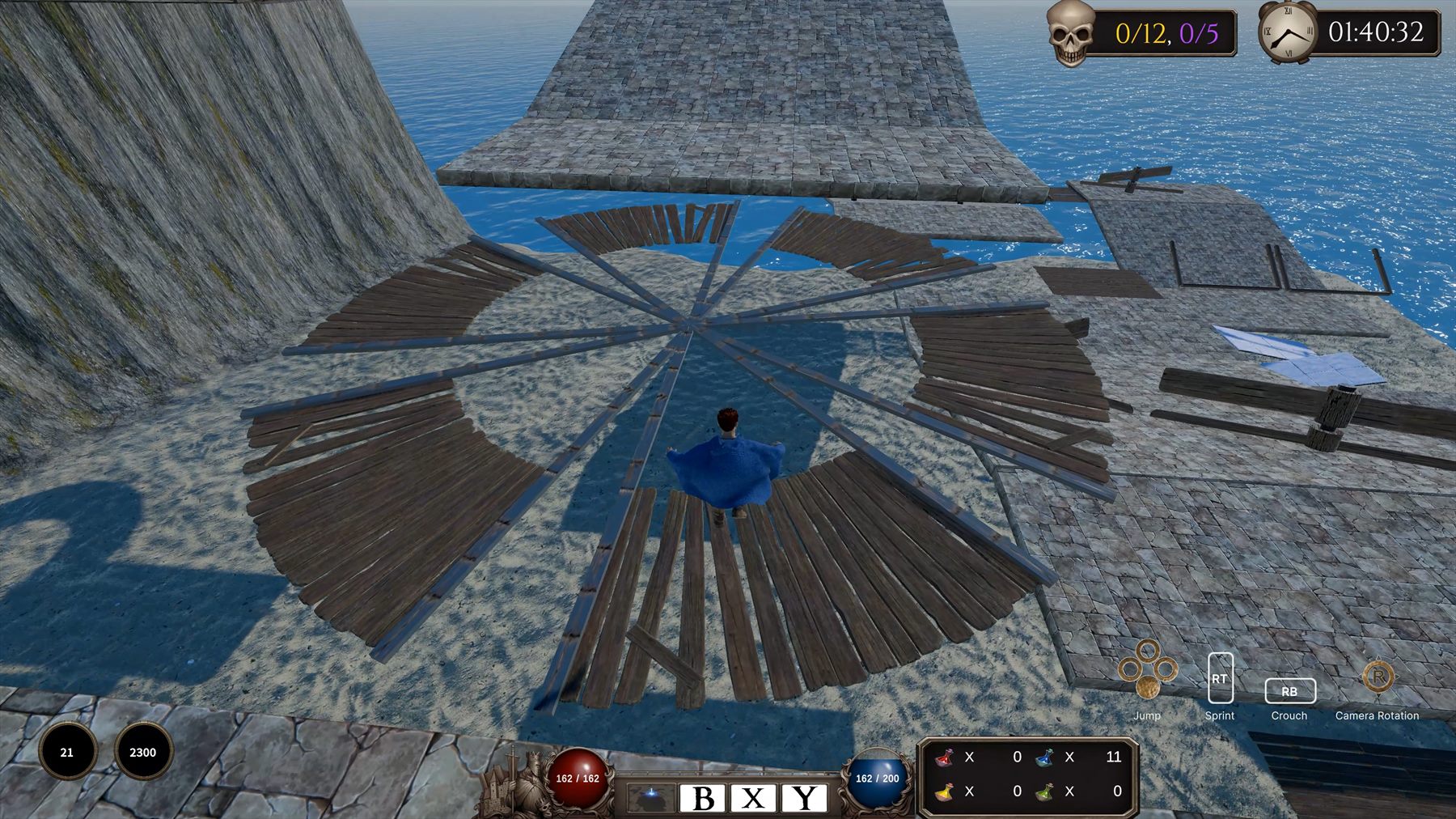A wide platform route with many obstacles