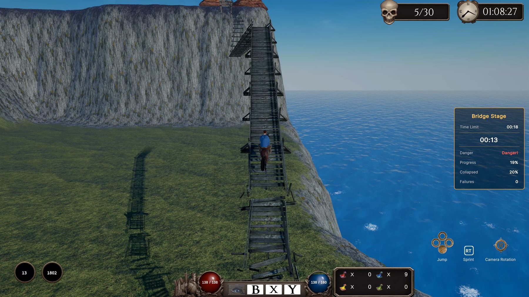 The player rides a horse across a bridge route