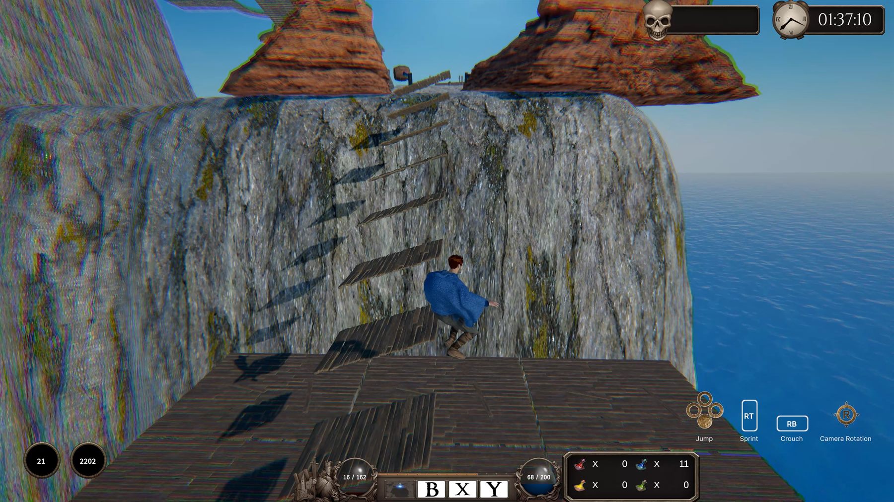 The player crosses ladders and cliffside obstacles