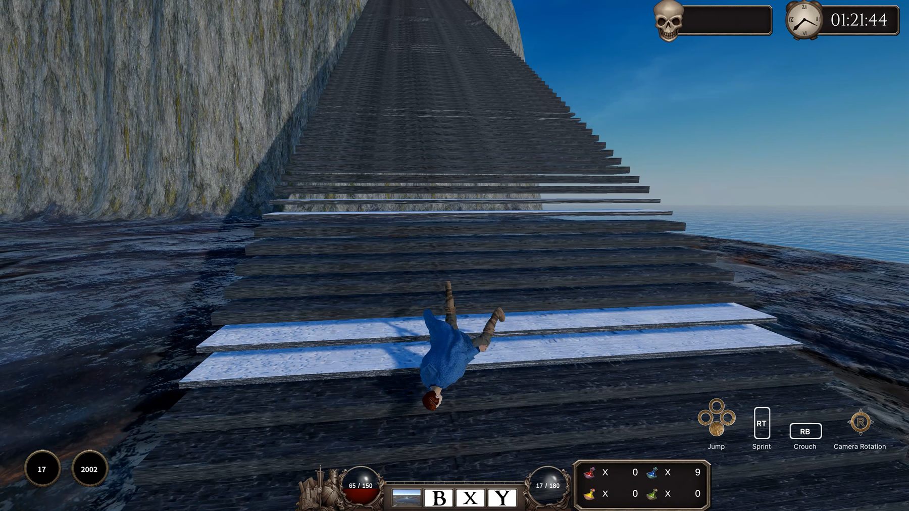 The player climbs a long slippery stairway